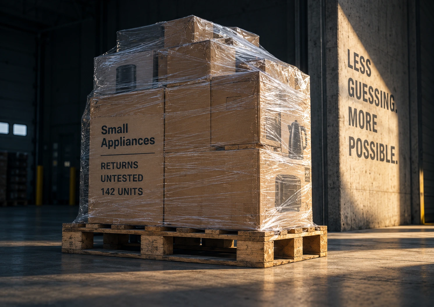 Illustration of an untested small-appliance pallet at a loading dock