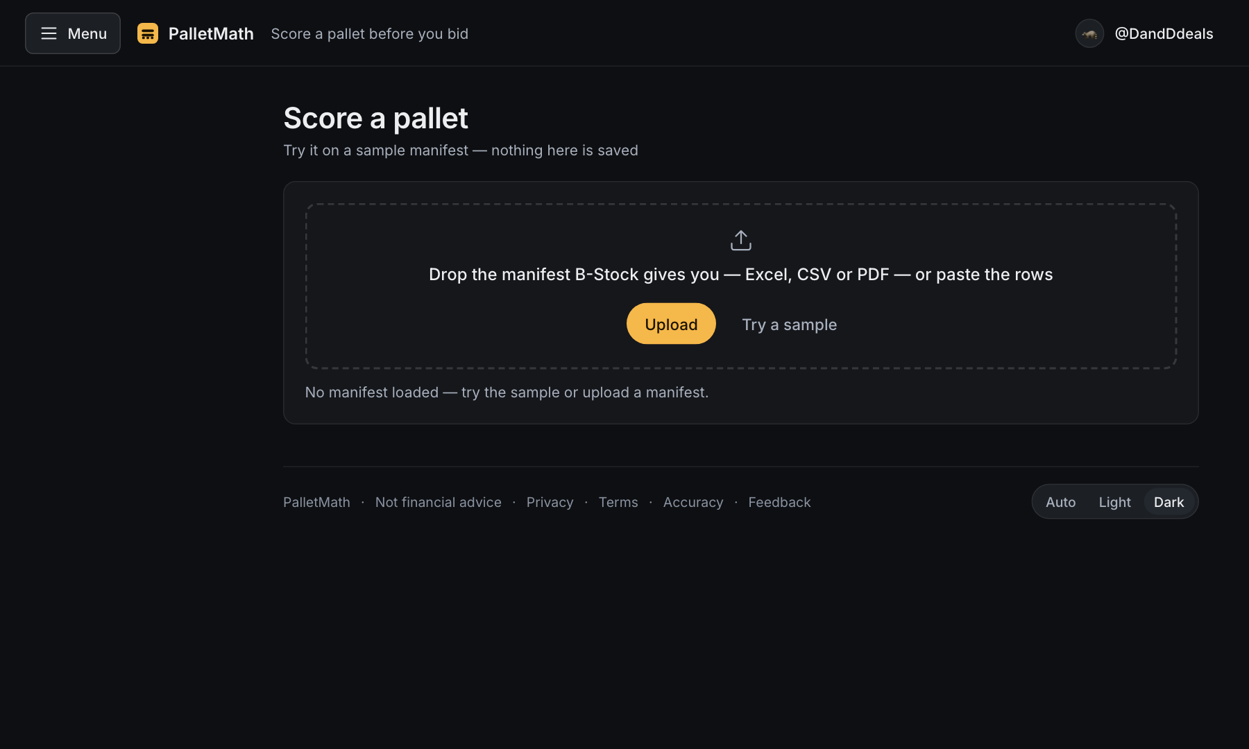 The Score page with the manifest drop zone