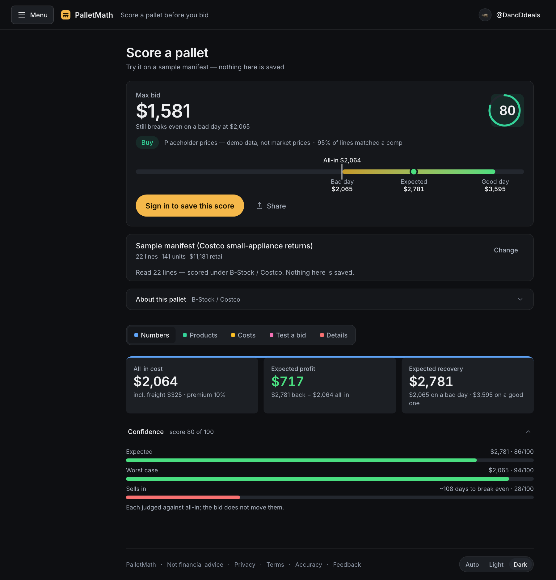 The verdict: max bid, score ring, recovery range, freight, and the Numbers section