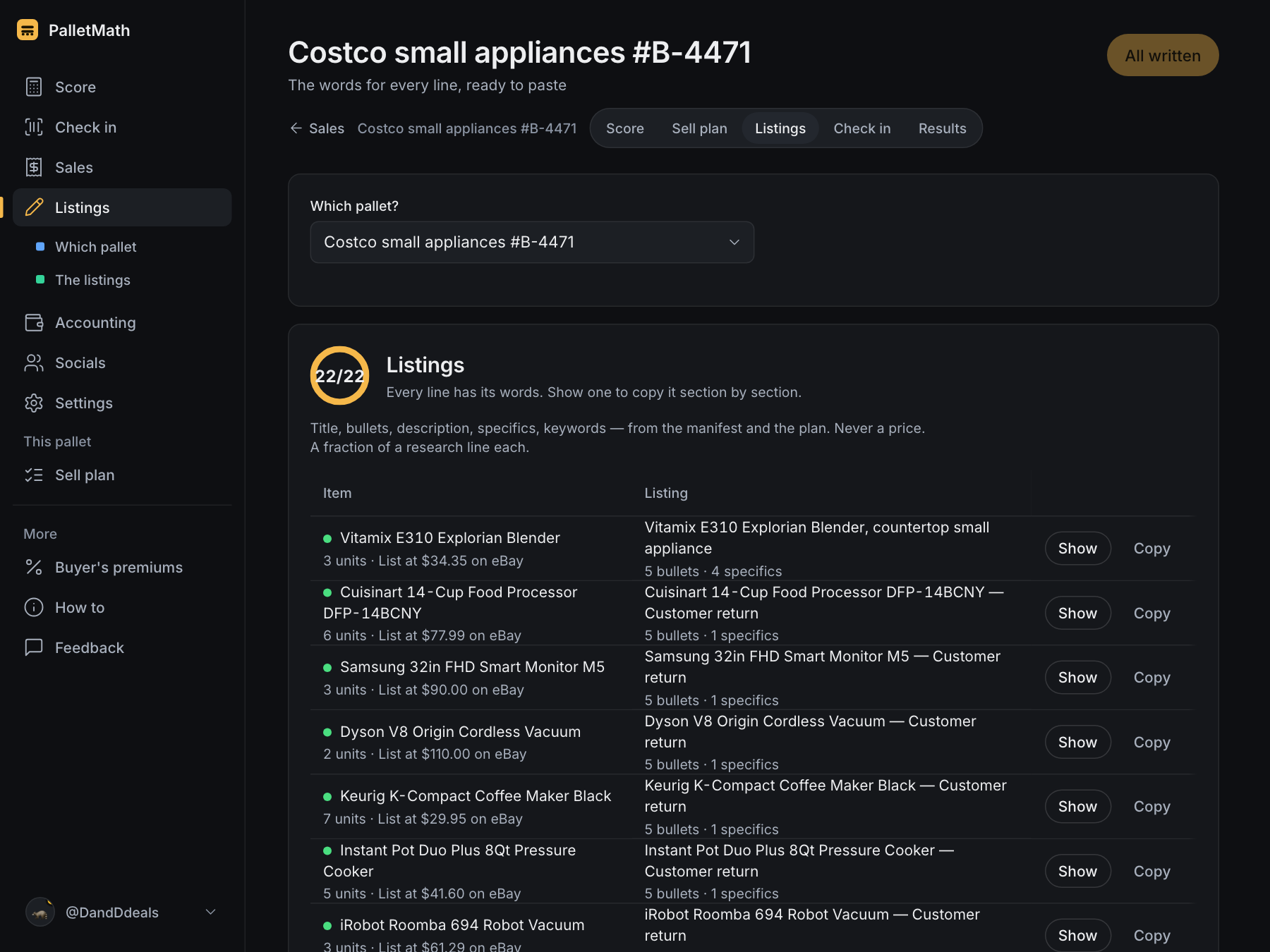 The Listings page with a progress ring and one row per line