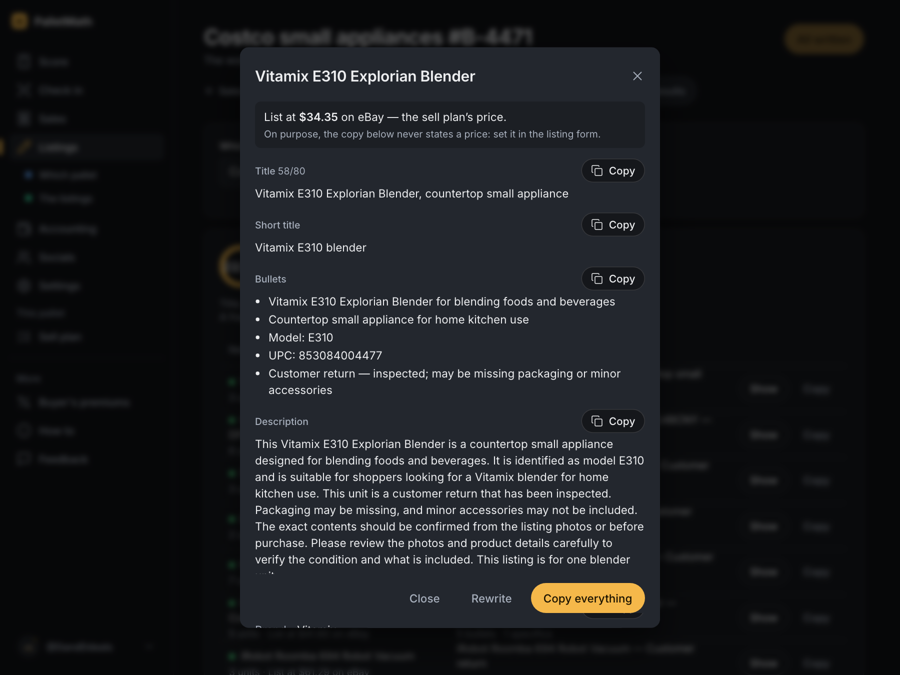 A written listing: title, bullets, description, specifics, each with its own Copy