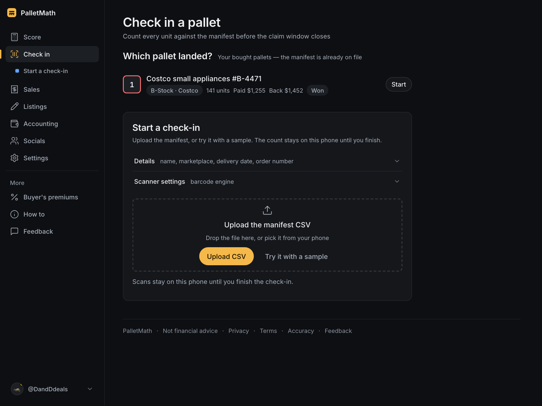 Check in: pick the pallet that landed and start a check-in